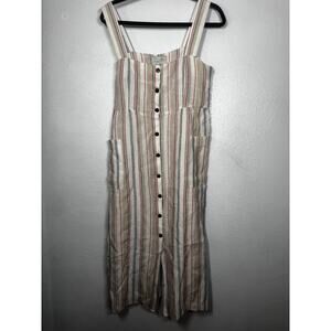 Giuliva Heritage Linen Midi Dress White Beige Red Blue Striped Front Button Sz S